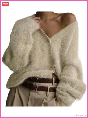Fuzzy Mohair Cardigan Sweater Women Oversized V-Neck Button Down Y2K